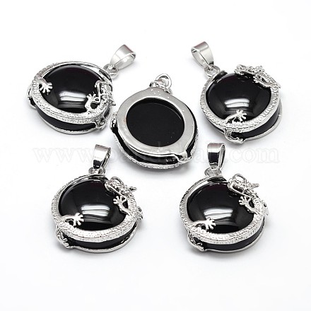 Flat Round with Dragon Platinum Plated Brass Natural Black Agate Pendants G-F228-24K-RS-1