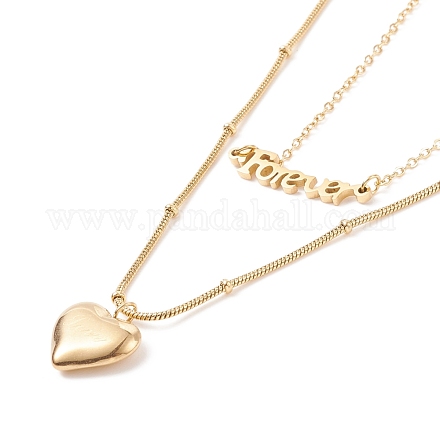 Double Chains Multi Layered Necklaces with Heart and Word Forever Pendants NJEW-D296-01G-1