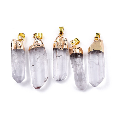 Natural Crystal Big Pointed Pendants with Golden Plated Iron Findings G-R275-162-1