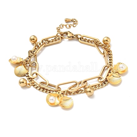 Bracelet multirangs coquillage perle plastique et breloque boule ronde BJEW-G639-27G-1