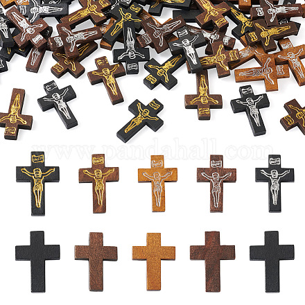 Cheriswelry100pcs5色プリント木製ペンダント  十字架クロス  イースターのために  染め  ミックスカラー  32.5~33.5x21~22x4.5mm  穴：2mm  20個/カラー WOOD-CW0001-05-1