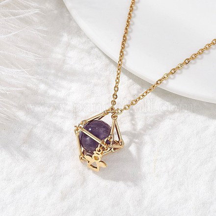 Makramee-Beutel aus Messing mit natürlichem Amethyst innen und Anhängerketten aus 304er Edelstahl für Damen NJEW-JN05607-03-1