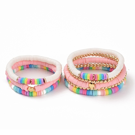 Synthetic Hematite & Polymer Clay Heishi Stretch Bracelets Set with Heart Brass Beads for Mother and Kids BJEW-JB07429-1