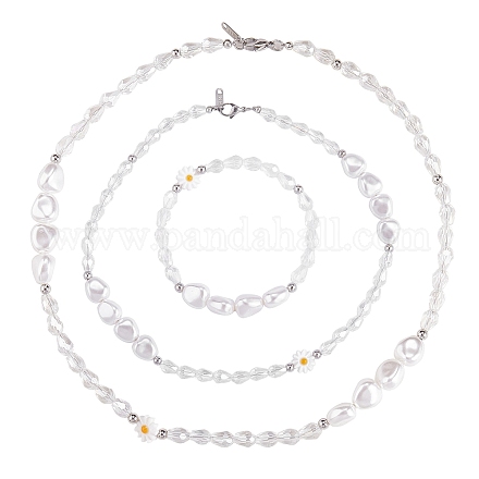 3 pezzo di conchiglia naturale e fiore di perle di plastica e collane di perline di vetro e bracciale elasticizzato SJEW-SW00010-04-1