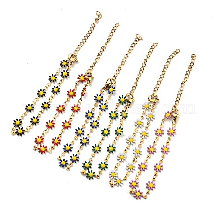 Pulseras de cadena de eslabones de flores de acero inoxidable con revestimiento de iones (ip) dorado y esmalte BJEW-E088-02G-1