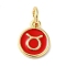 Real 18K Gold Plated Brass Enamel Charms, with Jump Ring, Long-Lasting Plated, Lead Free & Cadmium Free, Flat Round with Taurus Charms, Red, 10x8x1mm, Hole: 4mm