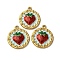 304 Stainless Steel Enamel Pendants, Flat Round with Strawberry Charm, Ion Plating(IP), Golden, 23.5x20.5x3.5mm, Hole: 1.6mm