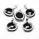 Flat Round with Dragon Platinum Plated Brass Natural Black Agate Pendants G-F228-24K-RS-1
