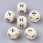 Perle di legno naturale stampate, foro orizzontale, cubo con lettera iniziale, papayawhip, letter.n, 10x10x10mm, Foro: 3.5 mm