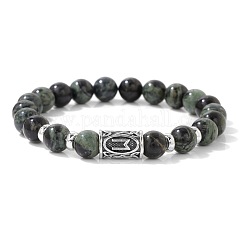 Pulseras elásticas redondas de cuentas de jaspe kambaba natural de 8 mm con runas vikingas nórdicas de aleación., plata antigua, 7.48 pulgada (19 cm)