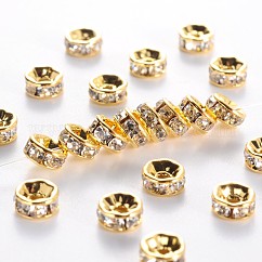 Grade ottone a strass distanziatore perline, oro placcato, rondelle, nichel libero, cirstallo, 6x3mm, Foro: 1 mm