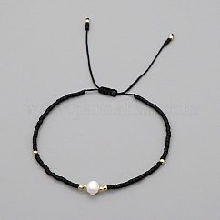Pulseras trenzadas de cuentas de vidrio ajustables para mujer, con perlas naturales de agua dulce y latón, negro, 11.02 pulgada (28 cm)