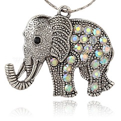 Strass lega di stile tibetano grandi ciondoli,  cadmio& piombo libero, elefante, argento antico, cristallo ab, 43x51x5.5mm, Foro: 3.5 mm