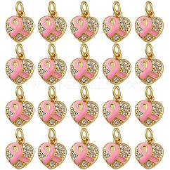 20pcs latón micro pavimentar encantos de circonita cúbica transparentes, con anillos de salto, real 18k chapado en oro, corazón con cinta de la conciencia, rosa perla, 11.5x10x2.5mm, agujero: 3.5 mm