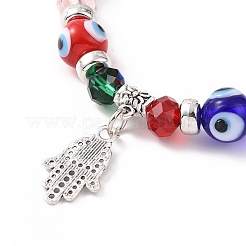 Braccialetto elasticizzato con perline di vetro e malocchio a lume di colore casuale con ciondolo a forma di mano di hamsa in lega per le donne&nbsp;RELI-PW0001-036G
