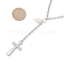 Kreuz aus Edelstahl 304 mit Anhänger aus Reiskorn und Naturperlen an einer Kabelkette (Y-Halskette)&nbsp;NJEW-JN05784
