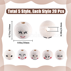 100 pièces 5 styles de perles européennes en bois imprimé&nbsp;WOOD-GF0002-23