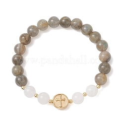 Pulseras elásticas redondas de cuentas naturales de labradorita y jade blanco&nbsp;BJEW-JB13674