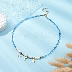 Collana con pendente in ottone con luna e stella con catene di perline di semi di vetro da donna&nbsp;NJEW-JN04391