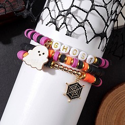 3 braccialetti elasticizzati con perline fatti a mano in argilla polimerica a tema Halloween&nbsp;BJEW-TA00466