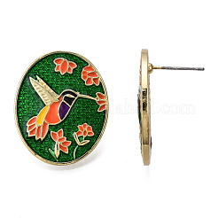Orecchini a bottone con colibrì e fiore in smalto&nbsp;EJEW-N046-019