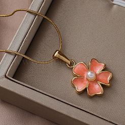 Colliers pour femmes en acier inoxydable 304 émaillé avec pendentif fleur en perle d'imitation&nbsp;ZA2839-2