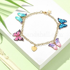 Emailliertes Schmetterlings- und Herz-Charm-Armband aus Legierung mit Ionenplattierung (IP) 304 Edelstahlketten&nbsp;BJEW-JB09558