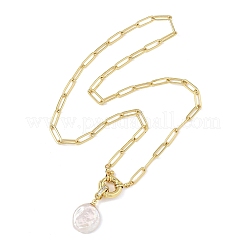 Collane da donna con ciondolo a moneta in perla barocca naturale keshi e catena a graffetta in ottone.&nbsp;NJEW-JN06143