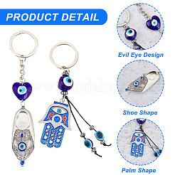 2 pièce 2 styles turcs bleu mauvais œil chaussures porte-bonheur/main de Hamsa/main de Miriam pendentif porte-clés en alliage&nbsp;KEYC-AR0001-27