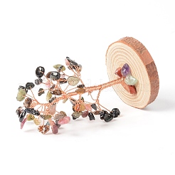 Éclats de tourmaline naturelle avec arbre d'argent en fil de laiton enveloppé sur des décorations d'affichage à base de bois&nbsp;DJEW-B007-05H