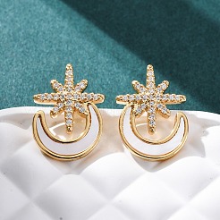 Pendientes de botón con forma de estrella y luna de latón con micropavé de circonitas cúbicas transparentes&nbsp;KK-D363-18G