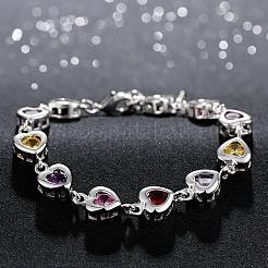 Squisiti bracciali a maglie in zirconi placcati cuore in ottone placcato color argento&nbsp;BJEW-BB00799