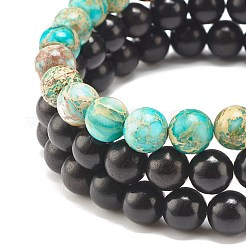 3 pièces 3 style bois naturel & pierre de lave & jaspe impérial (teint) ensemble de bracelets extensibles perlés&nbsp;BJEW-JB07833