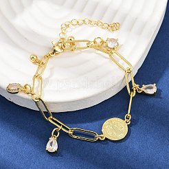 Bracelets à breloques en laiton plaqué or en forme de larme avec micro pavé de zircones cubiques&nbsp;BJEW-L702-01G