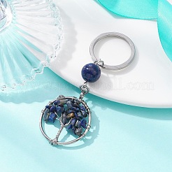 Chips de lapis-lazuli naturel plat rond avec arbre de vie kcychain&nbsp;KEYC-JKC00563-01
