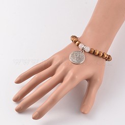 Braccialetti di fascino del legno tondo e pietre preziose in rilievo di stirata&nbsp;BJEW-JB02195