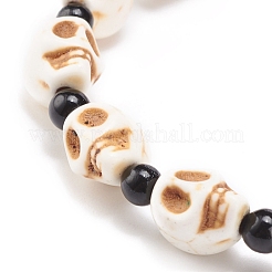 Natürlicher Mashan-Jade-Totenkopf und synthetisches türkisfarbenes (gefärbtes) Perlen-Stretch-Armband&nbsp;BJEW-JB08377-01