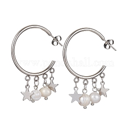 304 orecchini a mezzo cerchio in acciaio inossidabile, orecchini pendenti con perle naturali, stella, 46x7.5mm