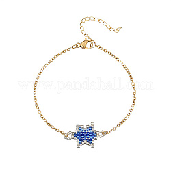 Bracelet à maillons étoiles en perles de rocaille de verre avec chaînes câblées en acier inoxydable doré, bleu, 7-7/8 pouce (20 cm)