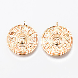 Brass Pendants, Nickel Free, Flat Round with Buddha Hand, Real 18K Gold Plated, 28x25x4mm, Hole: 1.8mm
