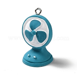 Opaque Resin Pendants, with Platinum Tone Iron Loops, Electrical Appliance Charms, Deep Sky Blue, Fan Pattern, 30x18x19mm, Hole: 2mm