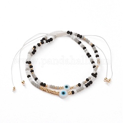 Ensembles de bracelets de perles tressés avec cordon de nylon réglable, avec le mal de perles au chalumeau des yeux, perles de rocaille en verre fgb, perles de verre dépoli et perles de laiton texturées, noir, diamètre intérieur: 2~4 pouce (5.2~10.2 cm), 2 pièces / kit