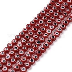 Perles vernissées manuelles, rond et plat avec des mauvais œil, rouge foncé, 4.5x2.5mm, Trou: 0.6mm, Environ 90~100 pcs/chapelet, 15.35''~15.75'' (39~40 cm)