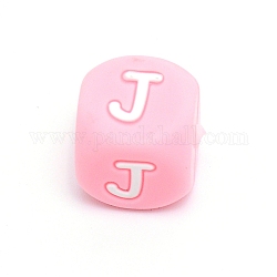 Cuentas del alfabeto de silicona para hacer pulseras o collares, estilo de letra, cubo rosa, letter.j, 12x12x12mm, agujero: 3 mm