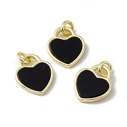 Breloques coeur en onyx noir naturel (teint et chauffé), avec placage à crémaillère en laiton doré, sans cadmium et sans plomb, 14x12x2mm, Trou: 3mm