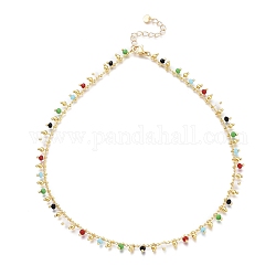 Brass Handmade Colorful Glass Beaded Necklaces, with 304 Stainless Steel Heart Charms, Lobster Claw Clasps, Golden, 15.94 inch(40.5cm)