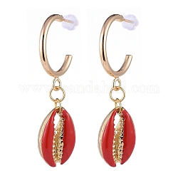 Clous d'oreilles avec pendentif en laiton, avec perles en alliage d'émail et poussoirs d'oreilles en plastique, forme de cauris, rouge, 45~46mm, pin: 0.8 mm