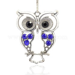 Antique Silver Alloy Rhinestone Owl Large Pendants, Sapphire, 55x45x3mm, Hole: 3.5mm