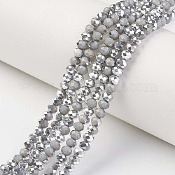 Electroplate Opaque Glass Beads Strands, Half Silver Plated, Faceted, Rondelle, Gray, 4x3mm, Hole: 0.4mm, about 130pcs/strand, 16.54 inch(42cm)