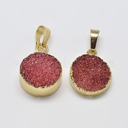 Natural Dyed Agate Golden Plated Flat Round Pendants, FireBrick, 18~21x15~16x10~16mm, Hole: 8x5mm